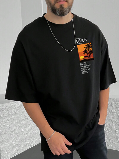 Мъжка, 100% памук, лятна свободна тениска с щампа Coconut Tree&Sloan Graphic, тениска, ежедневна спортна тениска с къси ръкави и кръгло деколте