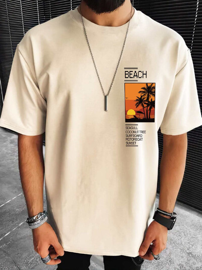 Мъжка, 100% памук, лятна свободна тениска с щампа Coconut Tree&Sloan Graphic, тениска, ежедневна спортна тениска с къси ръкави и кръгло деколте