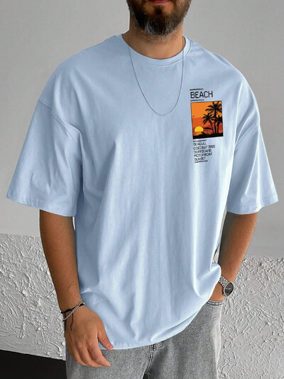 Мъжка, 100% памук, лятна свободна тениска с щампа Coconut Tree&Sloan Graphic, тениска, ежедневна спортна тениска с къси ръкави и кръгло деколте