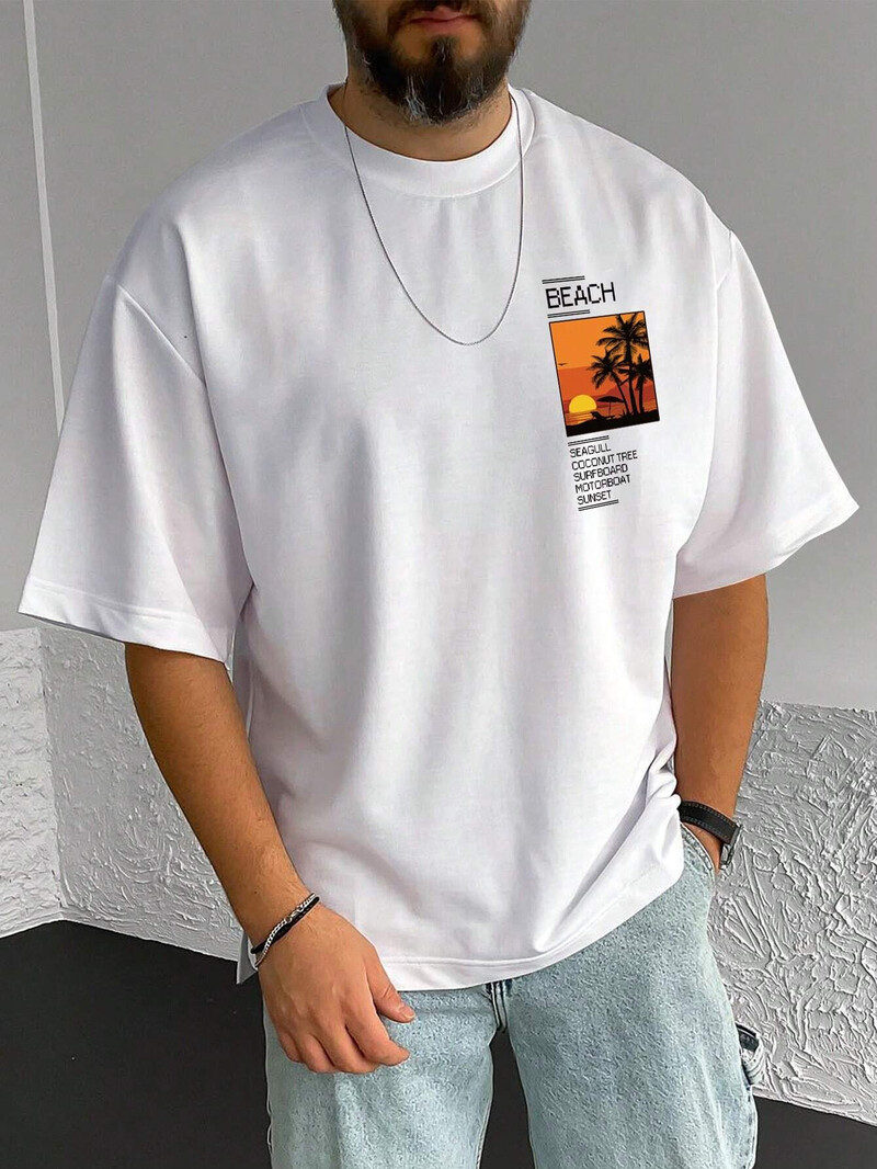 Мъжка, 100% памук, лятна свободна тениска с щампа Coconut Tree&Sloan Graphic, тениска, ежедневна спортна тениска с къси ръкави и кръгло деколте