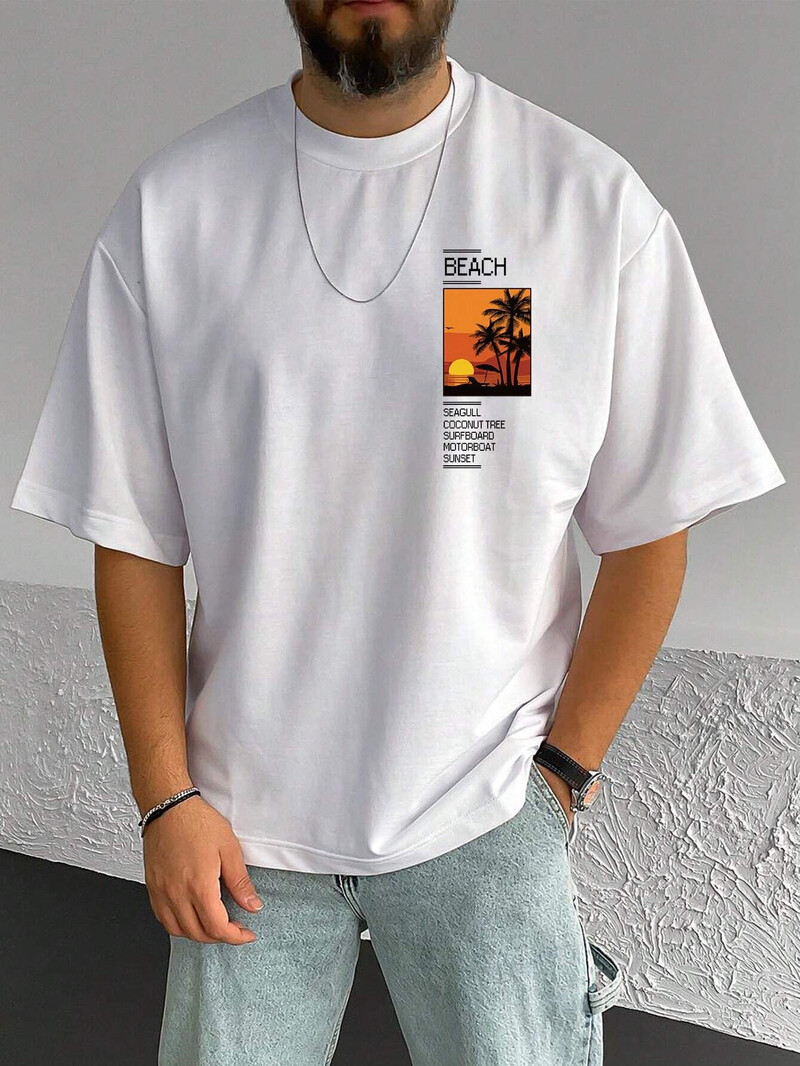 Мъжка, 100% памук, лятна свободна тениска с щампа Coconut Tree&Sloan Graphic, тениска, ежедневна спортна тениска с къси ръкави и кръгло деколте