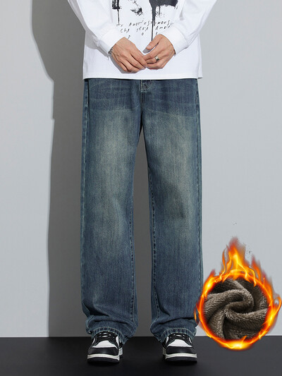 Talvisest fliisist meeste soojad teksad lahtised laiad säärte paksusega termoretro teksapüksid mood sirged tänavarõivad plüüspüksid