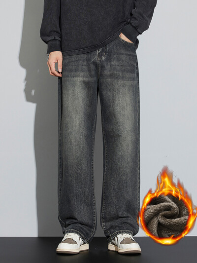 Talvisest fliisist meeste soojad teksad lahtised laiad säärte paksusega termoretro teksapüksid mood sirged tänavarõivad plüüspüksid