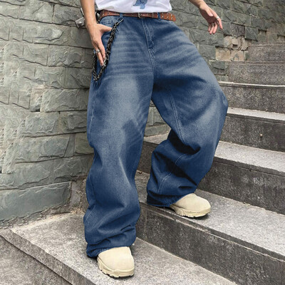 Pánske džínsové nohavice Baggy, široké nohavice, vysoký pás, opasok, ležérne nohavice, voľné, plus veľkosť, štýlové streetwear, pánske hip hop streetwear