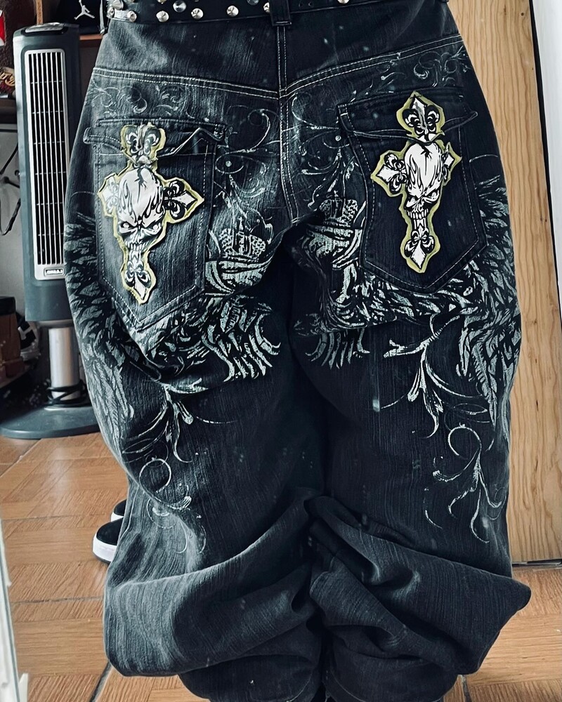 Gothic Retro American Y2K Cross Izšuvumi Patchwork Baggy Džinsi Vīriešu Ielu apģērbi Ikdienišķas Taisnas Platas Bikses Pāris Džinsi