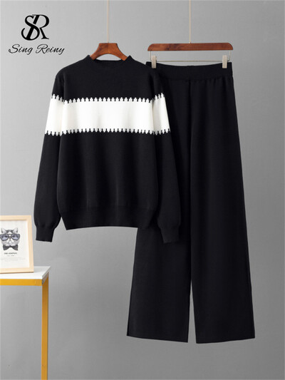 SINGREINY rudens pamati siltie divu gabalu komplekti sievietēm ar pilnām piedurknēm brīvi topi + ar augstu vidukli, platām kājām garas bikses, džemperu komplekti