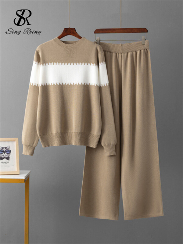 SINGREINY rudens pamati siltie divu gabalu komplekti sievietēm ar pilnām piedurknēm brīvi topi + ar augstu vidukli, platām kājām garas bikses, džemperu komplekti