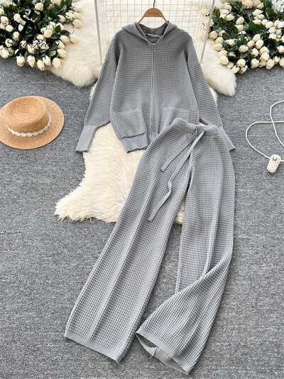 SINGREINY šiks ikdienas rudens 2gab. Sieviešu uzvalks ar rāvējslēdzēju ar kapuci, dizaina topi + aukliņas, platas garās bikses, 2024. gada cietie adīšanas komplekti