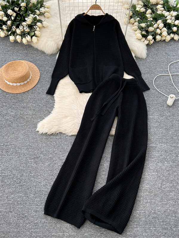 SINGREINY šiks ikdienas rudens 2gab. Sieviešu uzvalks ar rāvējslēdzēju ar kapuci, dizaina topi + aukliņas, platas garās bikses, 2024. gada cietie adīšanas komplekti