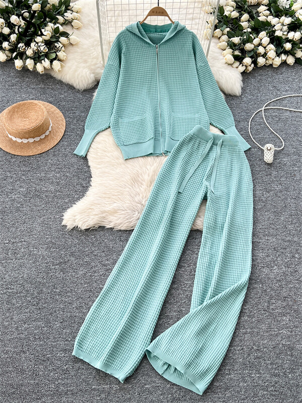 SINGREINY šiks ikdienas rudens 2gab. Sieviešu uzvalks ar rāvējslēdzēju ar kapuci, dizaina topi + aukliņas, platas garās bikses, 2024. gada cietie adīšanas komplekti