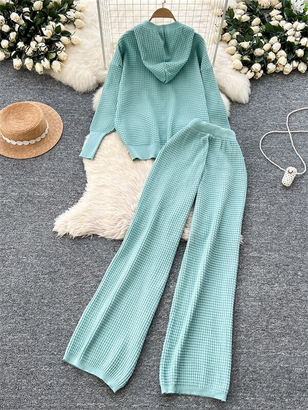 SINGREINY šiks ikdienas rudens 2gab. Sieviešu uzvalks ar rāvējslēdzēju ar kapuci, dizaina topi + aukliņas, platas garās bikses, 2024. gada cietie adīšanas komplekti