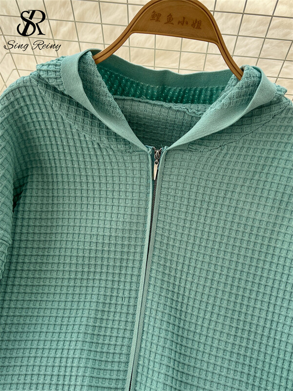 SINGREINY šiks ikdienas rudens 2gab. Sieviešu uzvalks ar rāvējslēdzēju ar kapuci, dizaina topi + aukliņas, platas garās bikses, 2024. gada cietie adīšanas komplekti