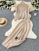 SINGREINY Зимни базови ежедневни костюми Дамски пуловер с висока яка с дълги ръкави + Панталони с широки крачоли с висока талия Масивен пуловер Комплекти от 2 бр.