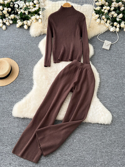 SINGREINY Зимни базови ежедневни костюми Дамски пуловер с висока яка с дълги ръкави + Панталони с широки крачоли с висока талия Масивен пуловер Комплекти от 2 бр.