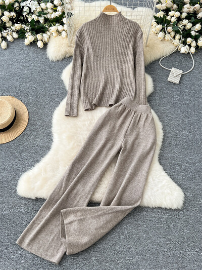 SINGREINY Зимни базови ежедневни костюми Дамски пуловер с висока яка с дълги ръкави + Панталони с широки крачоли с висока талия Масивен пуловер Комплекти от 2 бр.