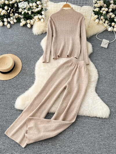 SINGREINY Зимни базови ежедневни костюми Дамски пуловер с висока яка с дълги ръкави + Панталони с широки крачоли с висока талия Масивен пуловер Комплекти от 2 бр.