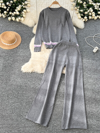 SINGREINY Fashion Basics Brīvi divu gabalu uzvalki Sieviešu O-Neck Patchwork Topi + Elastīgas vidukļa garās bikses Ikdienas trikotāžas mājas apģērbu komplekti