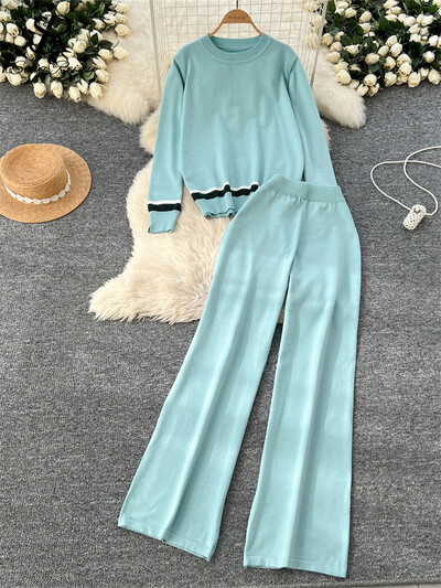 SINGREINY Fashion Basics Brīvi divu gabalu uzvalki Sieviešu O-Neck Patchwork Topi + Elastīgas vidukļa garās bikses Ikdienas trikotāžas mājas apģērbu komplekti