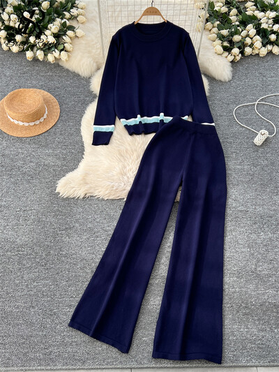 SINGREINY Fashion Basics Brīvi divu gabalu uzvalki Sieviešu O-Neck Patchwork Topi + Elastīgas vidukļa garās bikses Ikdienas trikotāžas mājas apģērbu komplekti