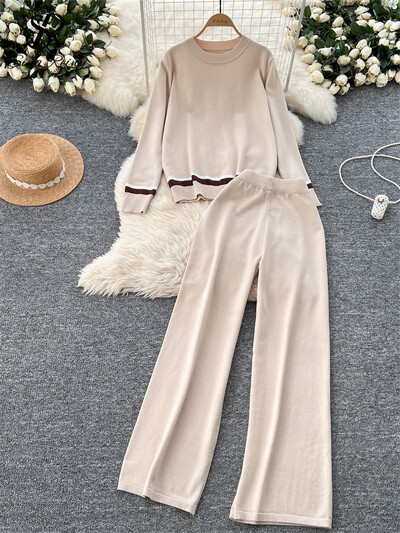 SINGREINY Fashion Basics Brīvi divu gabalu uzvalki Sieviešu O-Neck Patchwork Topi + Elastīgas vidukļa garās bikses Ikdienas trikotāžas mājas apģērbu komplekti