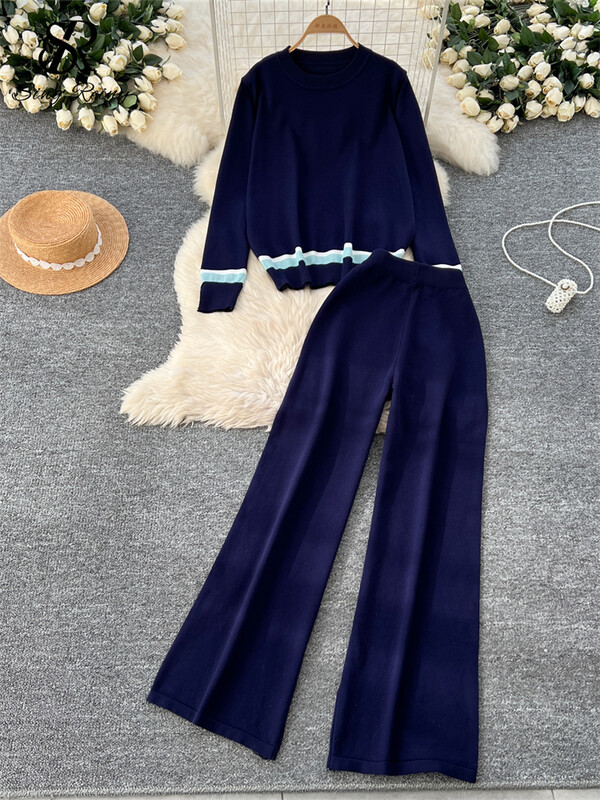 SINGREINY Fashion Basics Brīvi divu gabalu uzvalki Sieviešu O-Neck Patchwork Topi + Elastīgas vidukļa garās bikses Ikdienas trikotāžas mājas apģērbu komplekti