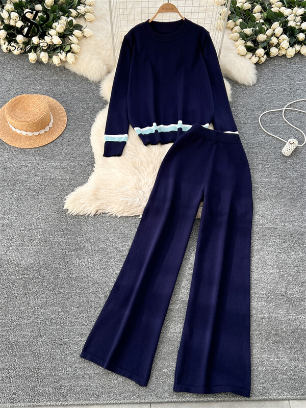 SINGREINY Fashion Basics Brīvi divu gabalu uzvalki Sieviešu O-Neck Patchwork Topi + Elastīgas vidukļa garās bikses Ikdienas trikotāžas mājas apģērbu komplekti