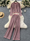 SINGREINY vecāka gadagājuma strīpainu džemperu komplekti ar O veida kakla vienrindu pamata topi + kabatas Ikdienas platas bikses rudens ziemas 2 gab.