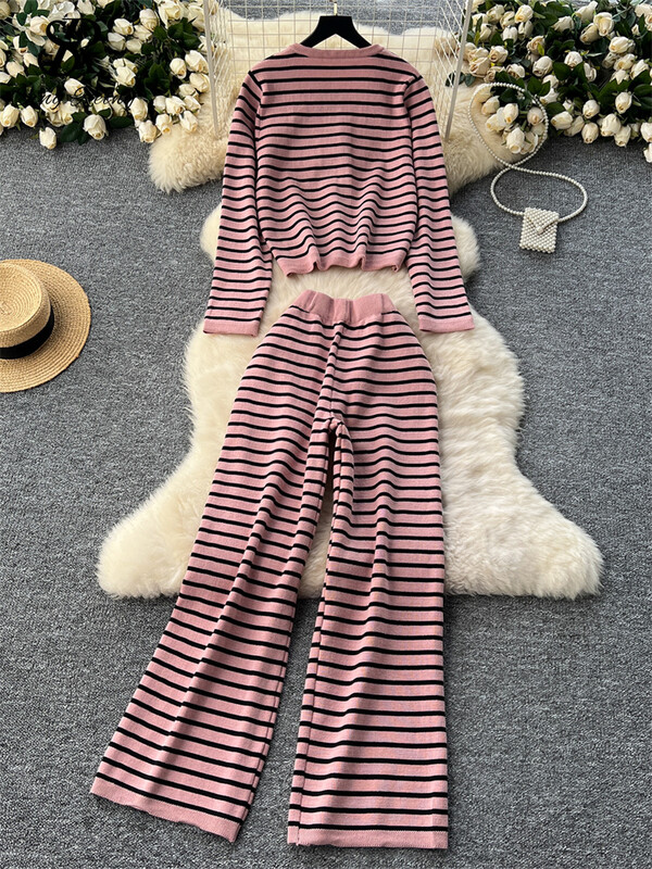 SINGREINY vecāka gadagājuma strīpainu džemperu komplekti ar O veida kakla vienrindu pamata topi + kabatas Ikdienas platas bikses rudens ziemas 2 gab.