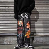 Dark High Street Style Ins Grafiti Karikatūra Druka Pops Džinsi Vīriešu Trends Hip-hop Brīvas Bikses Baggy Džinsi Vīriešu Apģērbs