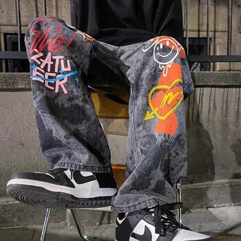 Dark High Street Style Ins Graffiti Cartoon Print Pops Ανδρικά τζιν Παντελόνια Hip-hop Φαρδιά τζιν Ανδρικά ρούχα