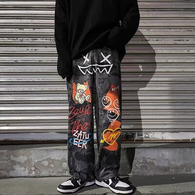 Dark High Street Style Ins Graffiti Cartoon Print Pops Teksad Mehed Trend Hip-hop Lahedad püksid kottis teksad Meeste rõivad