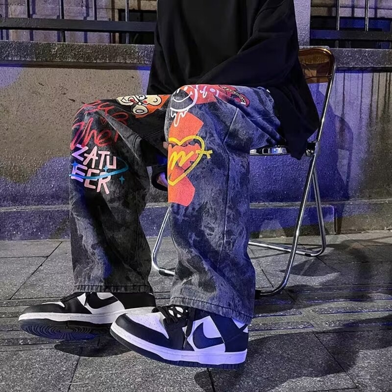 Dark High Street Style Ins Grafiti Karikatūra Druka Pops Džinsi Vīriešu Trends Hip-hop Brīvas Bikses Baggy Džinsi Vīriešu Apģērbs