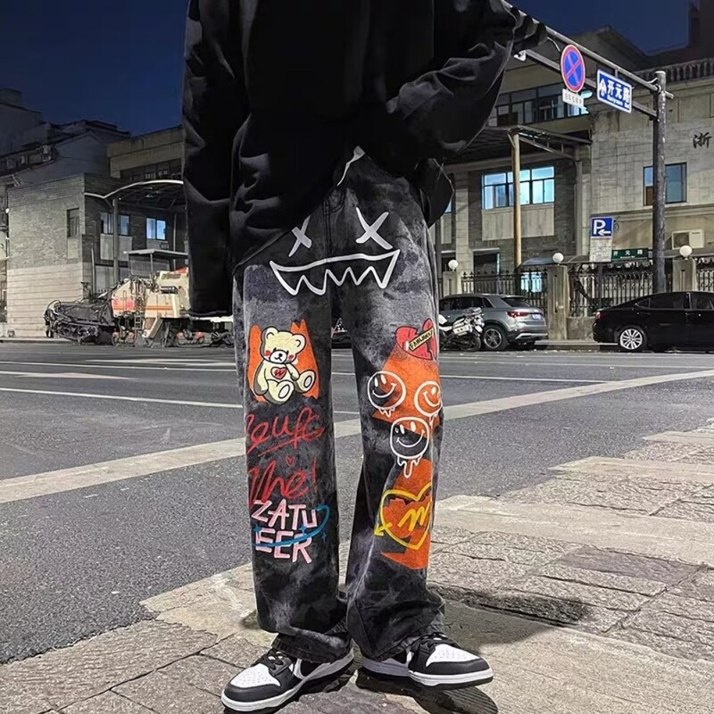 Dark High Street Style Ins Grafiti Karikatūra Druka Pops Džinsi Vīriešu Trends Hip-hop Brīvas Bikses Baggy Džinsi Vīriešu Apģērbs