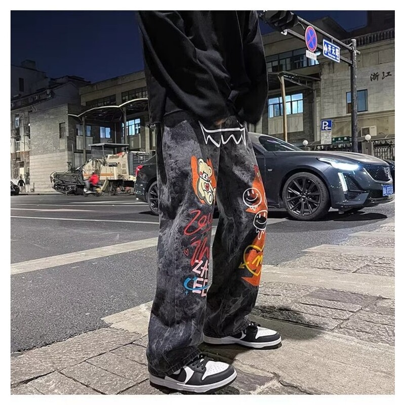 Dark High Street Style Ins Grafiti Karikatūra Druka Pops Džinsi Vīriešu Trends Hip-hop Brīvas Bikses Baggy Džinsi Vīriešu Apģērbs
