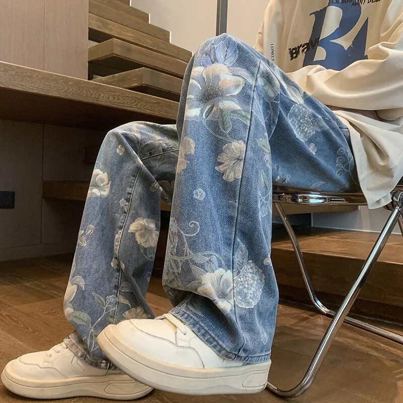 Rudens, ziedu apdrukas džinsi vīriešiem 2024. g. Jaunas Y2K vintage džinsu bikses hiphopa modes, platas džinsu ielas apģērba bikses