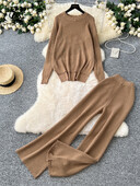 SINGREINY Есенни ежедневни трикотажни костюми Пуловер с отворено деколте + широки дълги панталони Дамски плътен свободен пуловер Комплекти от две части