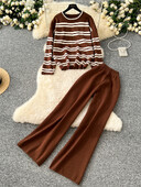 SINGREINY Комплекти пуловери в корейски стил О-образно деколте Свободен пуловер на райе+Тънки широки панталони с висока талия Трикотаж Зимни костюми от две части