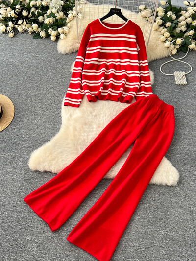 SINGREINY Комплекти пуловери в корейски стил О-образно деколте Свободен пуловер на райе+Тънки широки панталони с висока талия Трикотаж Зимни костюми от две части