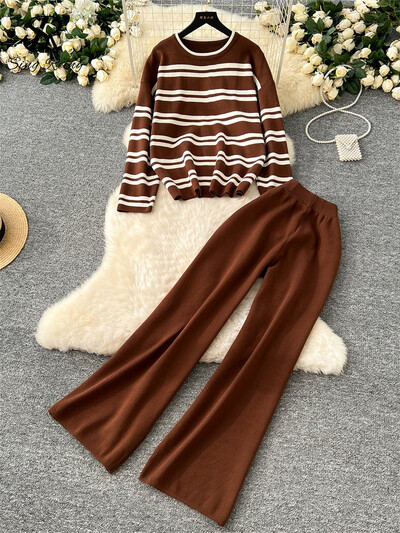 SINGREINY Комплекти пуловери в корейски стил О-образно деколте Свободен пуловер на райе+Тънки широки панталони с висока талия Трикотаж Зимни костюми от две части