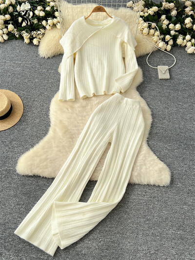 SINGREINY ziemas modes divdaļīgs uzvalks sievietēm, atloks, kakla izgriezums, brīvs džemperis + garas bikses ar augstu vidukli Korejiešu ikdienas mājas apģērba pamatīgi komplekti