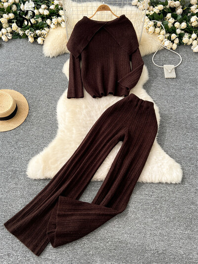 SINGREINY ziemas modes divdaļīgs uzvalks sievietēm, atloks, kakla izgriezums, brīvs džemperis + garas bikses ar augstu vidukli Korejiešu ikdienas mājas apģērba pamatīgi komplekti