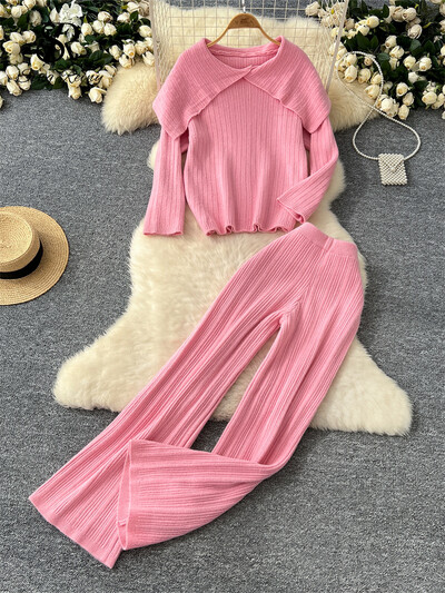 SINGREINY ziemas modes divdaļīgs uzvalks sievietēm, atloks, kakla izgriezums, brīvs džemperis + garas bikses ar augstu vidukli Korejiešu ikdienas mājas apģērba pamatīgi komplekti