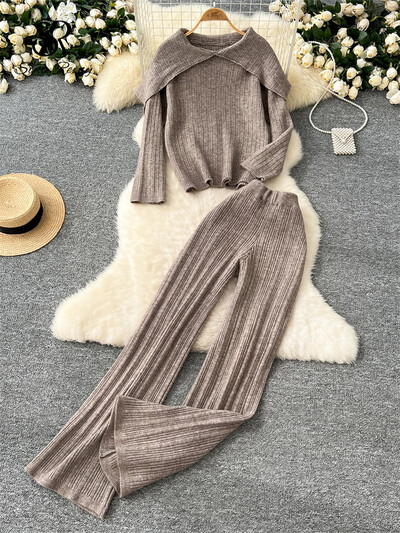 SINGREINY ziemas modes divdaļīgs uzvalks sievietēm, atloks, kakla izgriezums, brīvs džemperis + garas bikses ar augstu vidukli Korejiešu ikdienas mājas apģērba pamatīgi komplekti