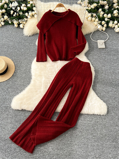 SINGREINY ziemas modes divdaļīgs uzvalks sievietēm, atloks, kakla izgriezums, brīvs džemperis + garas bikses ar augstu vidukli Korejiešu ikdienas mājas apģērba pamatīgi komplekti