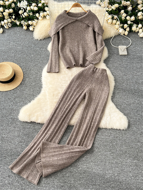 SINGREINY ziemas modes divdaļīgs uzvalks sievietēm, atloks, kakla izgriezums, brīvs džemperis + garas bikses ar augstu vidukli Korejiešu ikdienas mājas apģērba pamatīgi komplekti