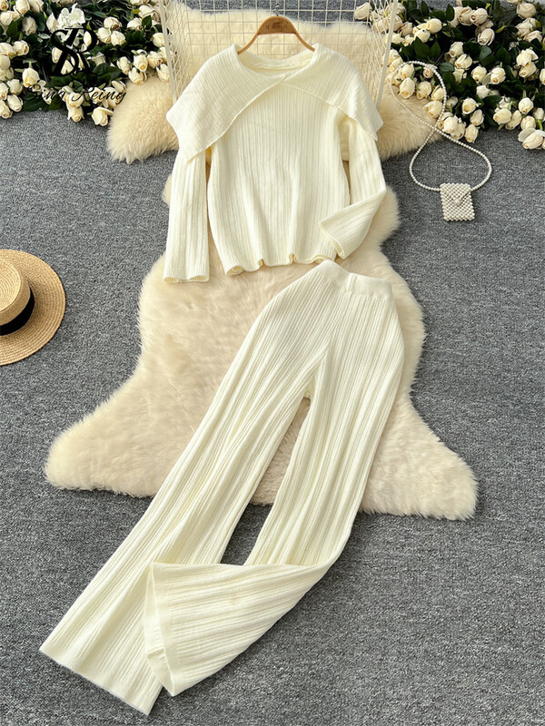 SINGREINY ziemas modes divdaļīgs uzvalks sievietēm, atloks, kakla izgriezums, brīvs džemperis + garas bikses ar augstu vidukli Korejiešu ikdienas mājas apģērba pamatīgi komplekti