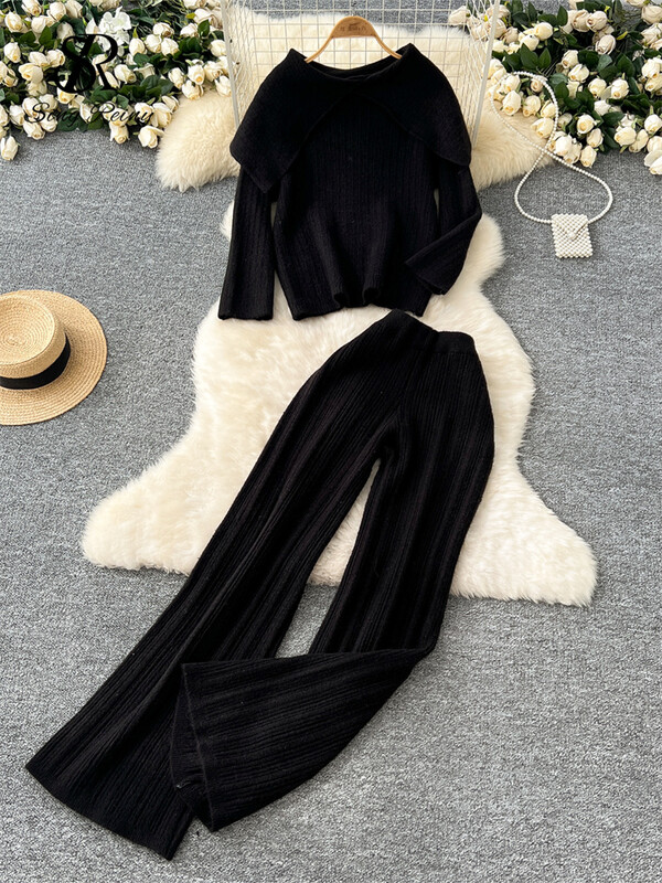 SINGREINY ziemas modes divdaļīgs uzvalks sievietēm, atloks, kakla izgriezums, brīvs džemperis + garas bikses ar augstu vidukli Korejiešu ikdienas mājas apģērba pamatīgi komplekti