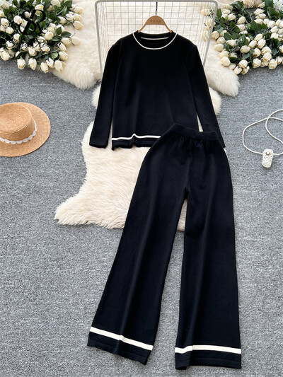 SINGREINY korejiešu modes ikdienišķs divu gabalu uzvalks sievietēm ar garām piedurknēm, džemperis + platas bikses, vienkārša stila džemperu komplekti