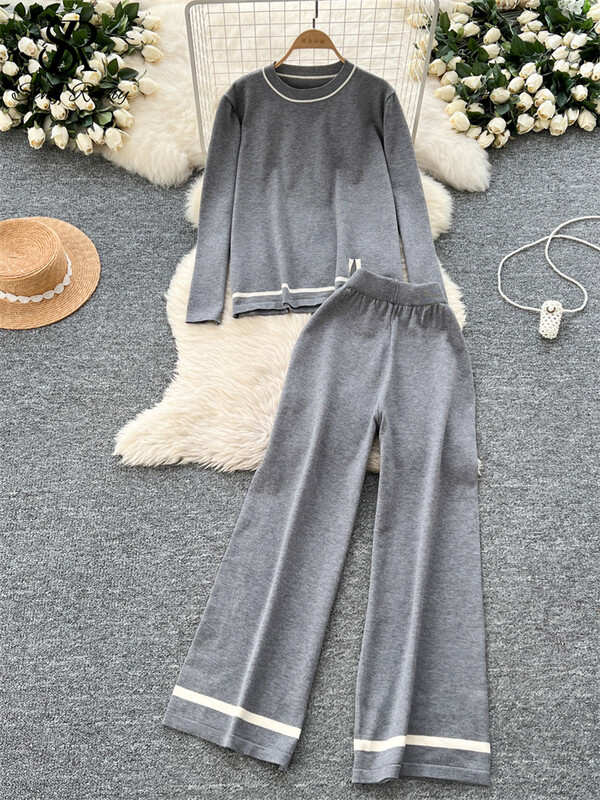 SINGREINY korejiešu modes ikdienišķs divu gabalu uzvalks sievietēm ar garām piedurknēm, džemperis + platas bikses, vienkārša stila džemperu komplekti