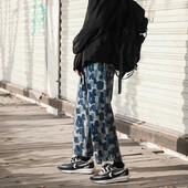 Rudens ikdienas rūtaini taisni džinsi vīriešiem Y2K Streetwear apdrukātas džinsa bikses 2024. gadā jaunas baggy, klasiskas platas kājas retro džinsu bikses